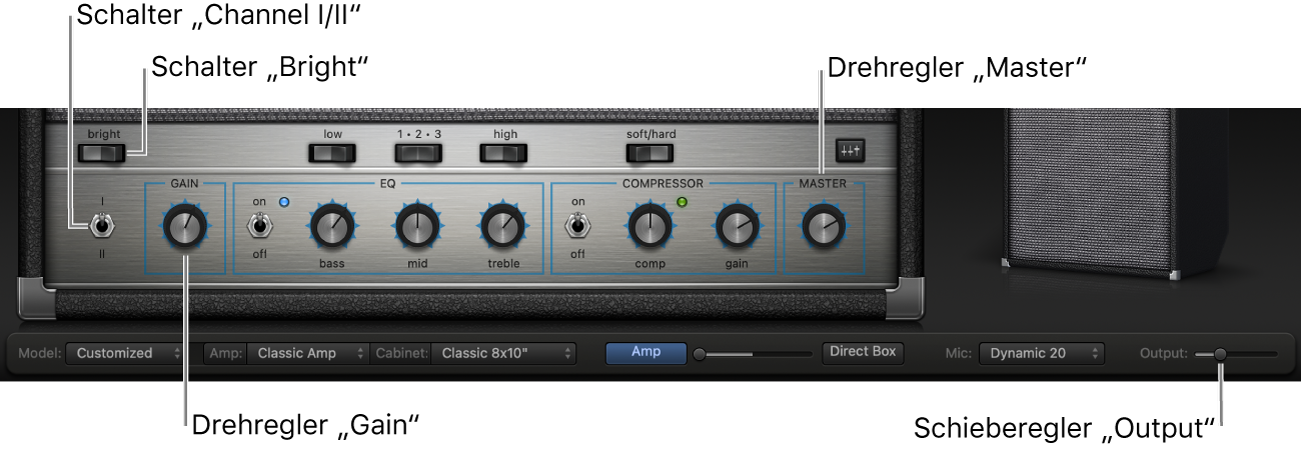 Bass Amp Designer mit Amp-Steuerungen wie Schalter „Bright“, Drehregler „Gain“, Schalter „Channel I/II“ und Drehregler „Master“