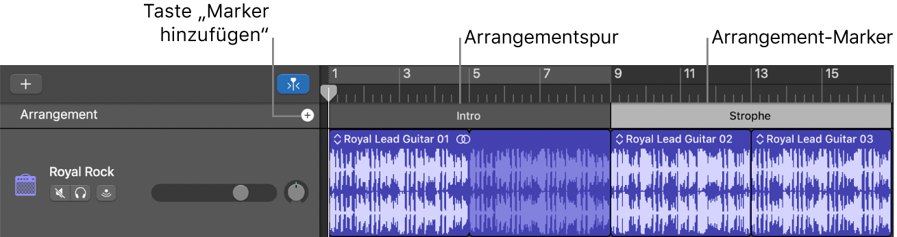Arrangierspur mit Taste „Marker hinzufügen“ und Arrangierregion