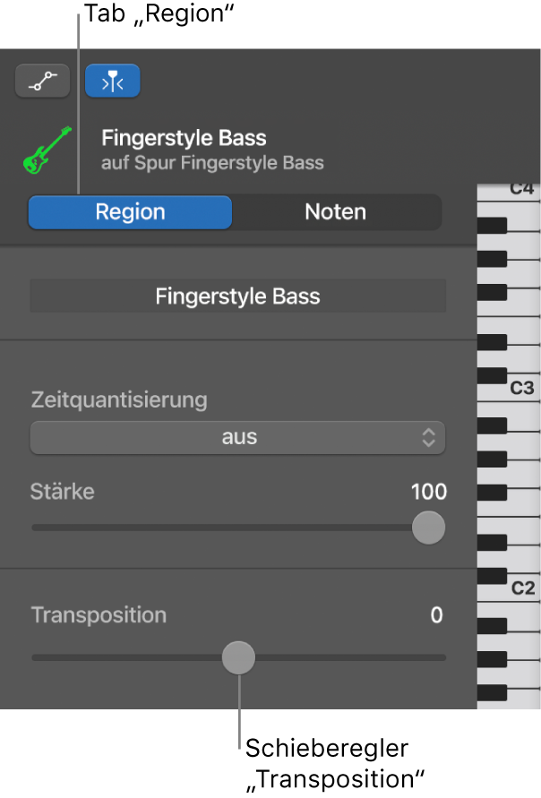 Informationsfenster des Pianorolleneditors mit der Taste „Region“ und dem Transpositionsregler