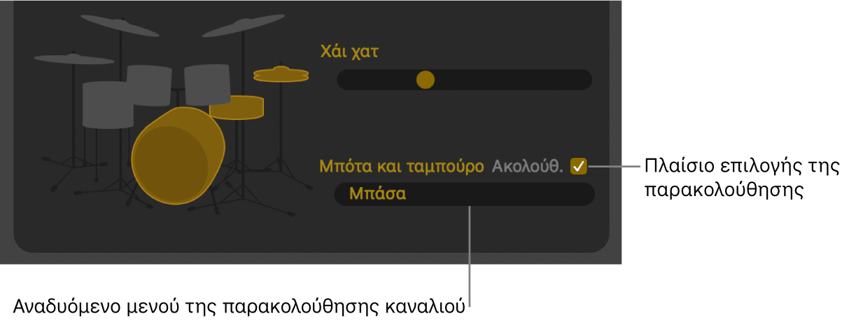 Πρόγραμμα επεξεργασίας Drummer όπου φαίνονται το πλαίσιο επιλογής «Ακολούθηση» και το αναδυόμενο μενού «Ακολούθηση καναλιού».