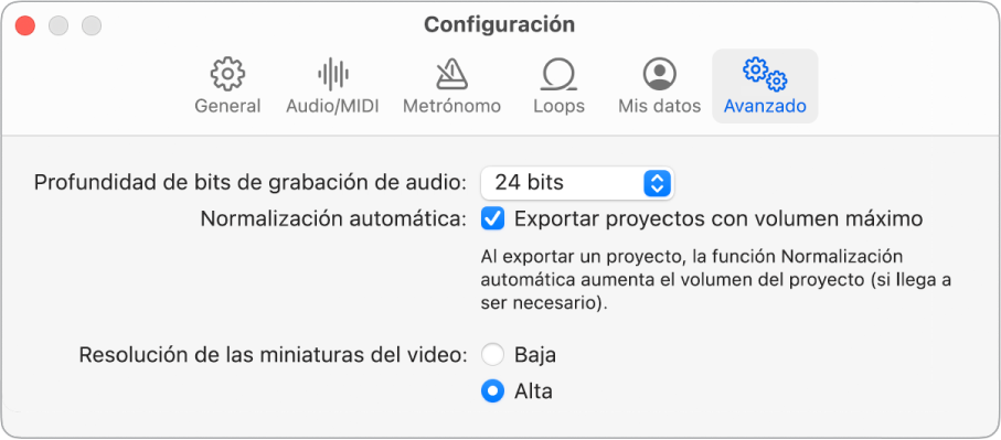 Panel de configuración Avanzado.