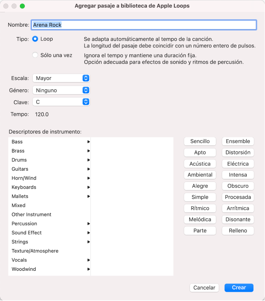 Cuadro de diálogo Agregar pasaje a biblioteca Apple Loops.