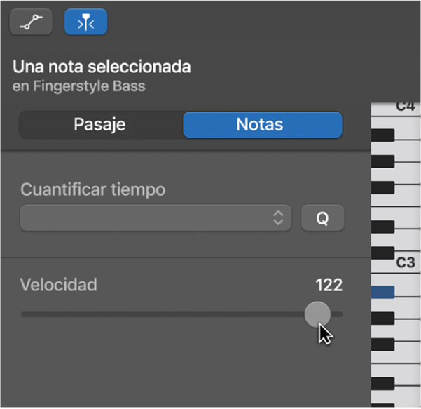 Edición de la velocidad de las notas en el editor de teclado.