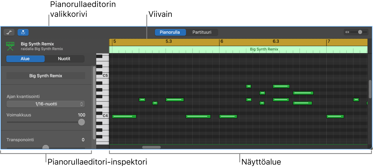 Pianorullaeditori, joka osoittaa MIDI-nuottitapahtumaa.