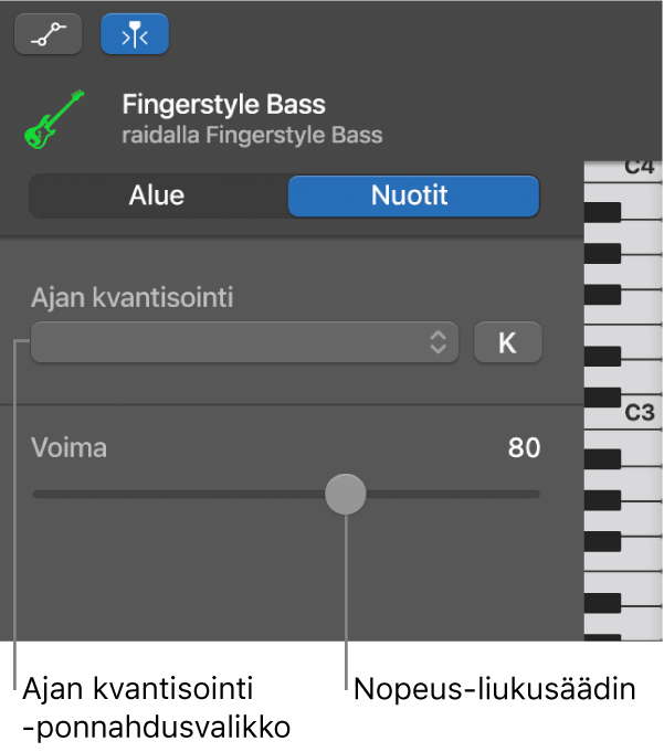 Pianorullaeditori-inspektori Nuotit-tilassa, jossa näkyvät säätimet.