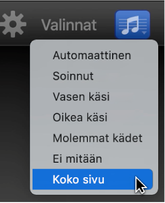 Koko sivun valitseminen Nuotinnus-ponnahdusvalikosta.