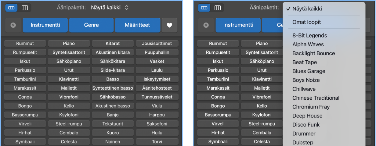 Auki oleva Loopit-ponnahdusvalikko.