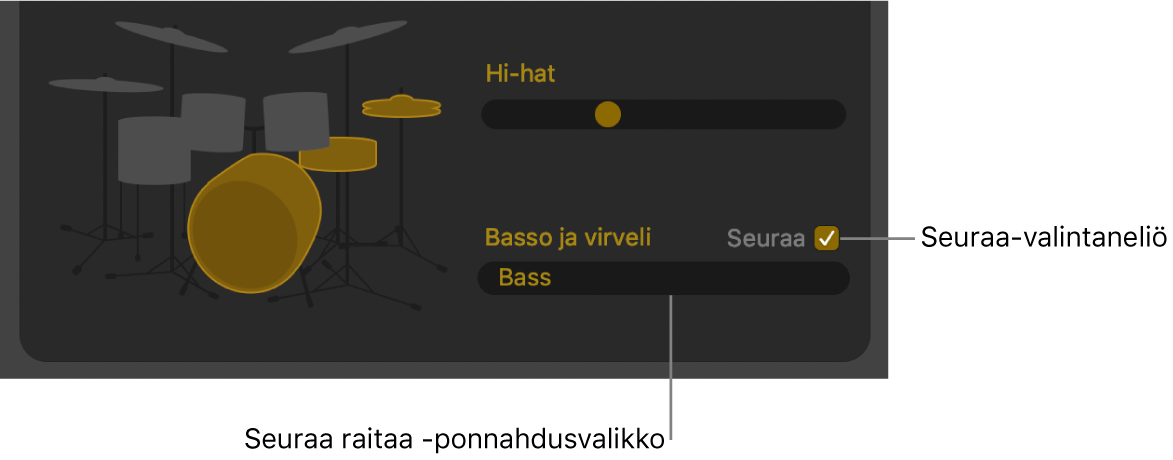 Drummer-editori, jossa näkyy Seuraa-valintaneliö ja Seuraa raitaa ‑ponnahdusvalikko.