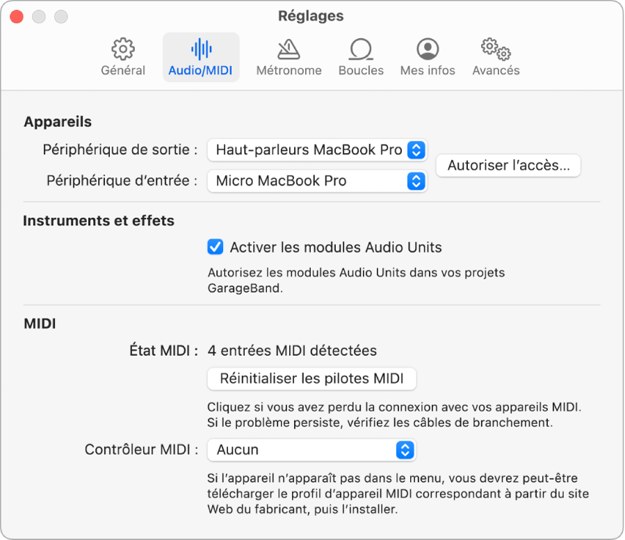Sous-fenêtre Réglages Audio/MIDI