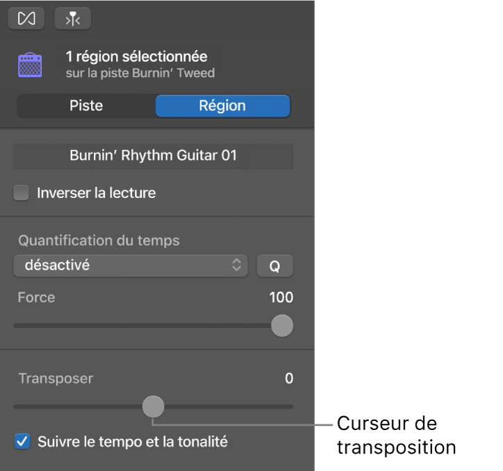 Curseur de transposition dans l’inspecteur de l’éditeur audio en mode Région.