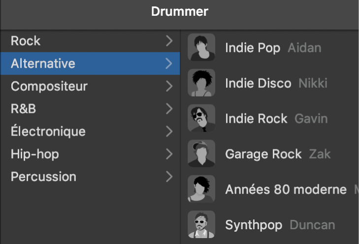 Sélection d’un genre dans l’éditeur Drummer.