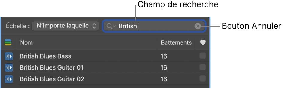 Champ de recherche dans le navigateur de boucles