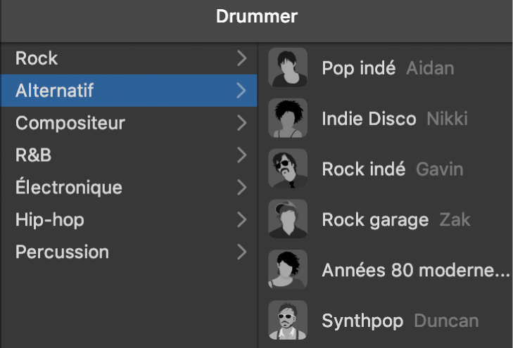 Sélection d’un genre dans l’éditeur Drummer.