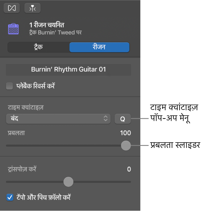 ऑडियो संपादक इंस्पेक्टर द्वारा टाइम क्वांटाइज़ पॉप-अप मेनू और प्रबलता स्लाइडर दिखाया जा रहा है।