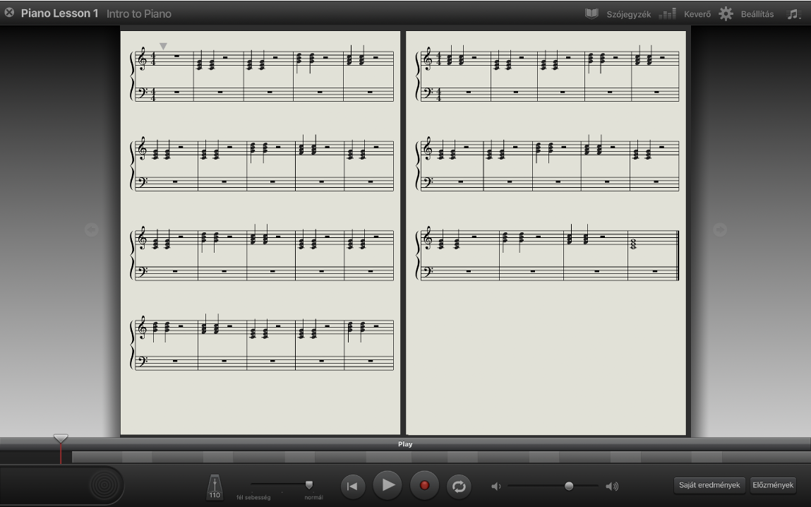 Teljes oldalas zenei jelölés megjelenítése.