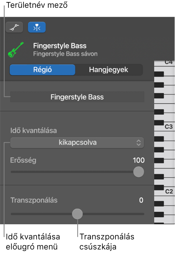 A Zongoratekercs-szerkesztő vizsgálója Terület módban a vezérlőkkel.