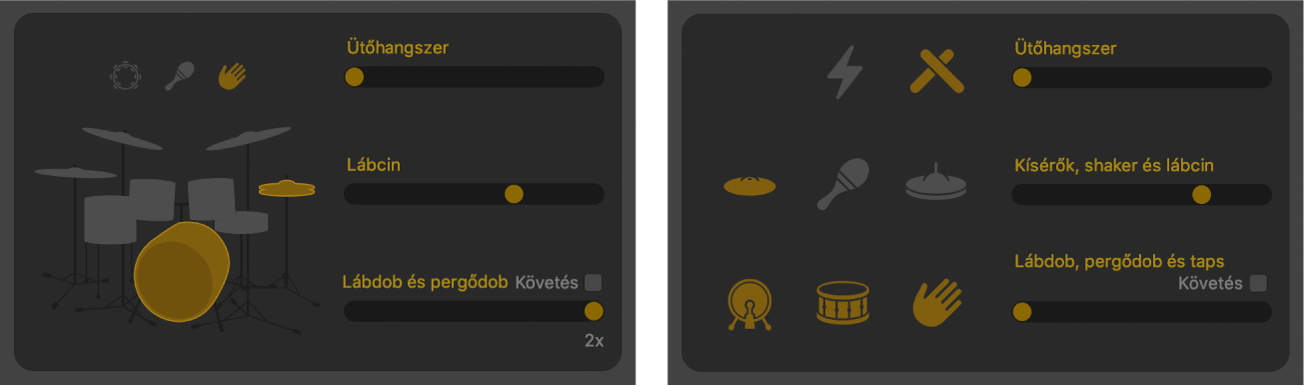 A Drummer-szerkesztő a mintavariáció vezérlőivel.