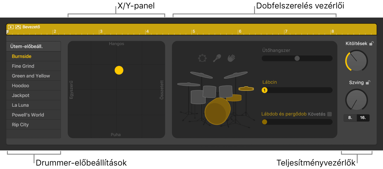 A Drummer-szerkesztő különböző területekkel