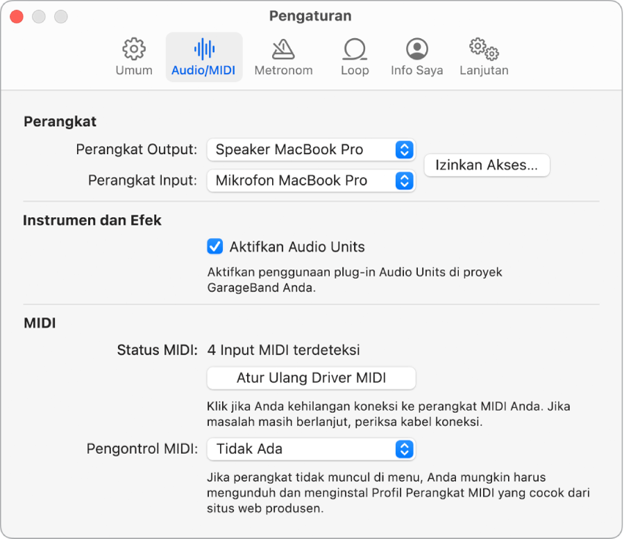 Panel Pengaturan Audio/MIDI.