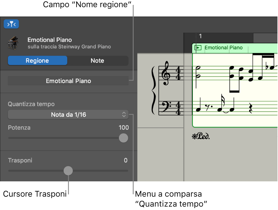 Inspector dell'editor Partitura in modalità Regione, con i controlli.