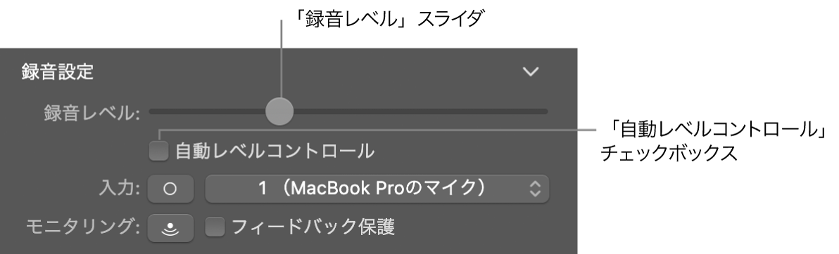 Smart Controlインスペクタの「録音レベル」スライダおよび「自動レベルコントロール」チェックボックス。