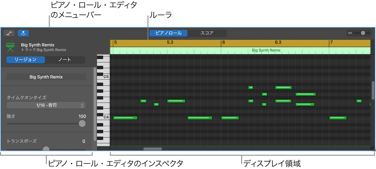 ピアノ・ロール・エディタ。MIDIノートイベントを指しています。