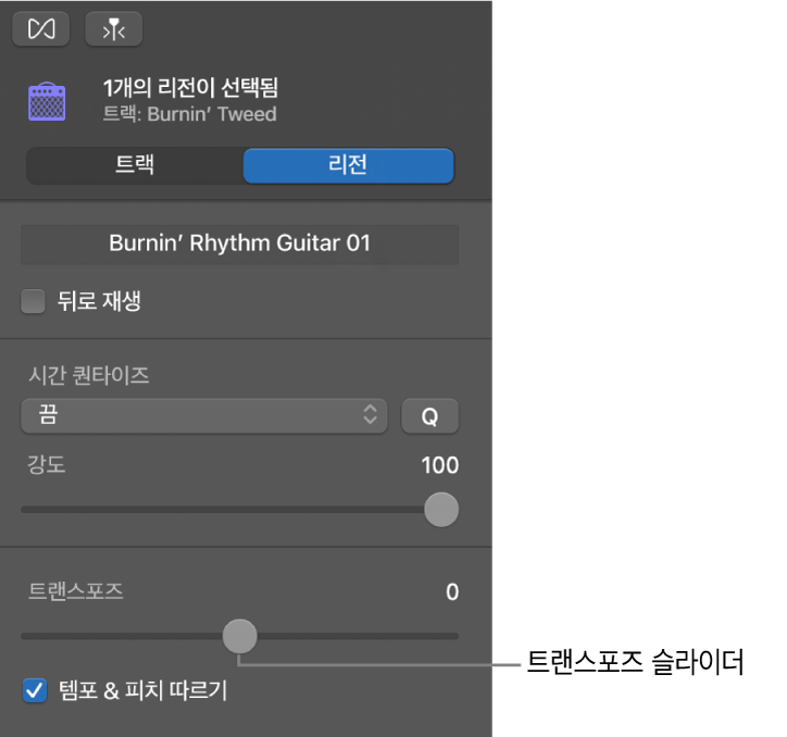 트랜스포즈 슬라이더를 표시하는 리전 모드의 오디오 편집기 인스펙터.