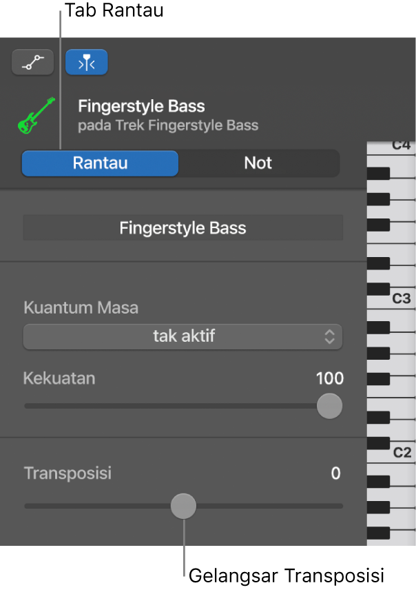 Pemeriksa Editor Lembaran Piano, yang menunjukkan butang Rantau dan gelangsar Transposisi.