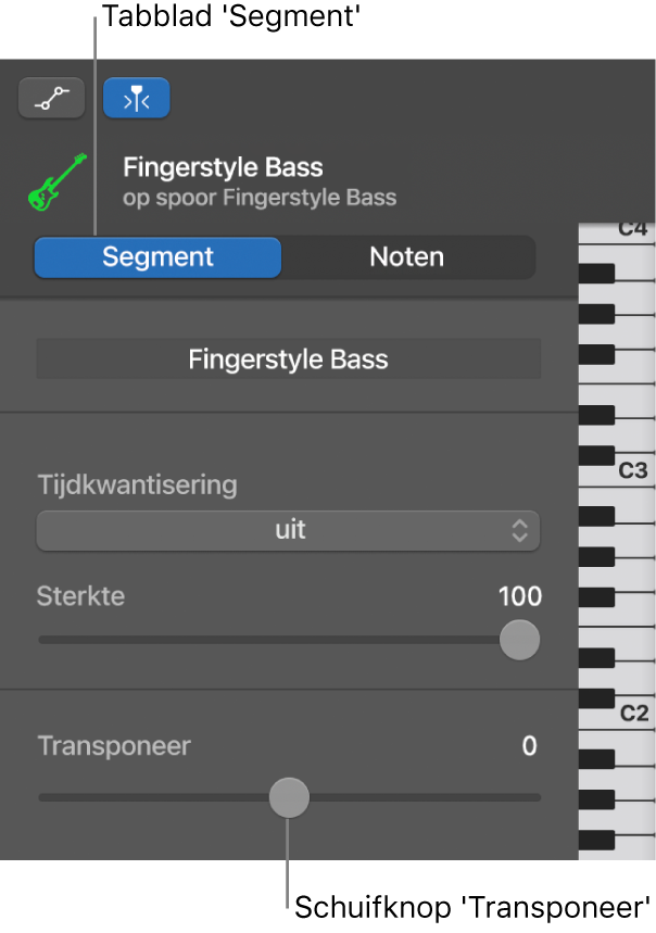 Infovenster van de pianorol-editor, met de knop 'Segment' en de schuifknop 'Transponeer'.