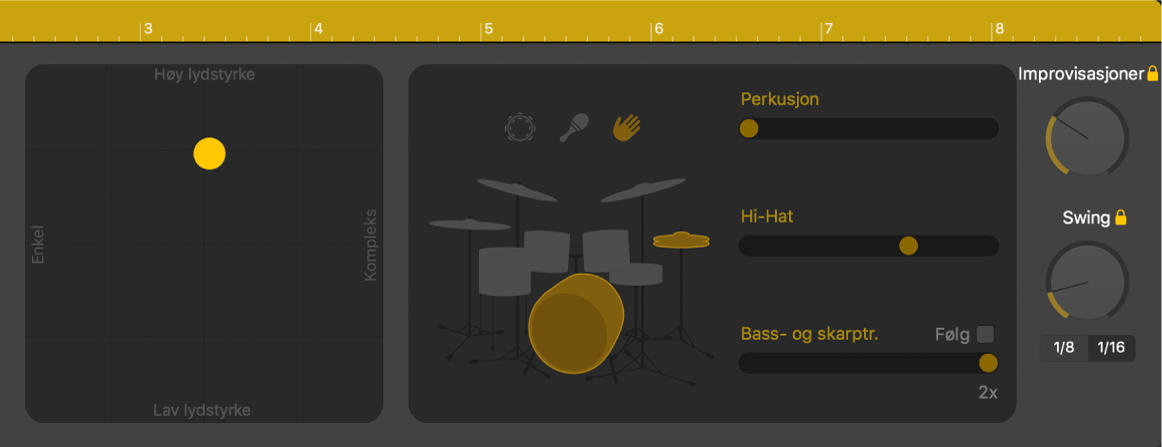 Drummer-redigerer som viser framføringskontroller.