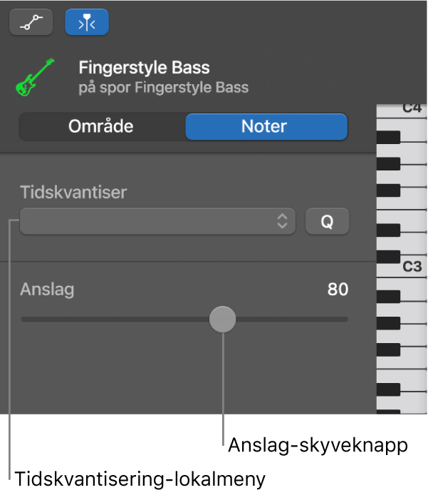 Pianorullredigerer-inspektør i Noter-modus, med kontroller.