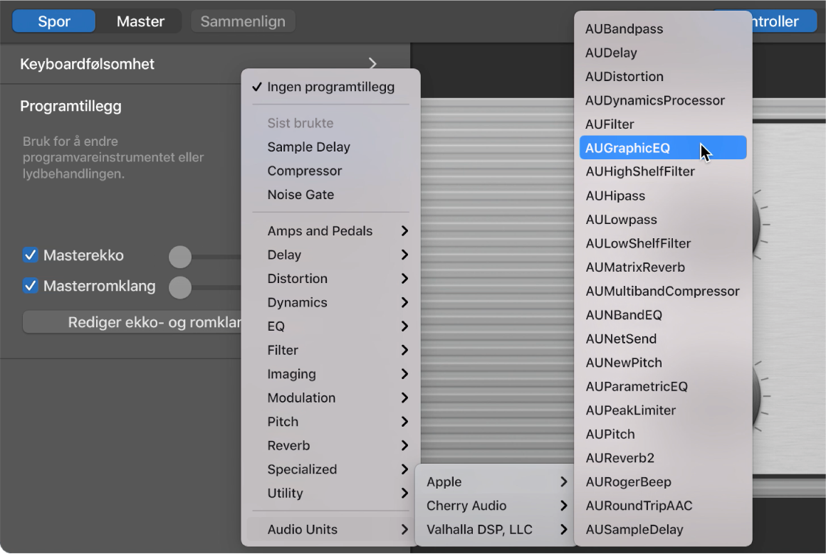 Valg av et Audio Units-tillegg fra Audio Units-lokalmenyen i Tillegg-området.