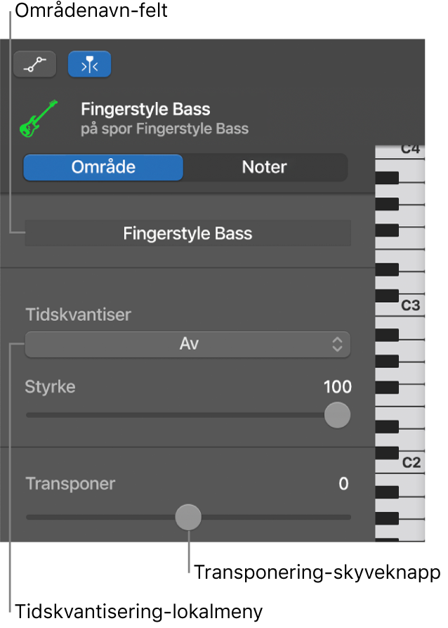 Pianorullredigerer-inspektør i Område-modus, med kontroller.