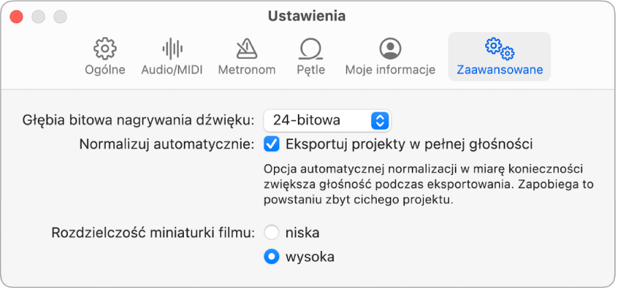 Panel ustawień Zaawansowane.