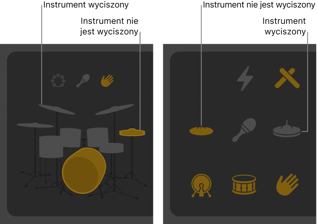 Edytor typu Drummer oraz wyciszone i niewyciszone elementy zestawu.