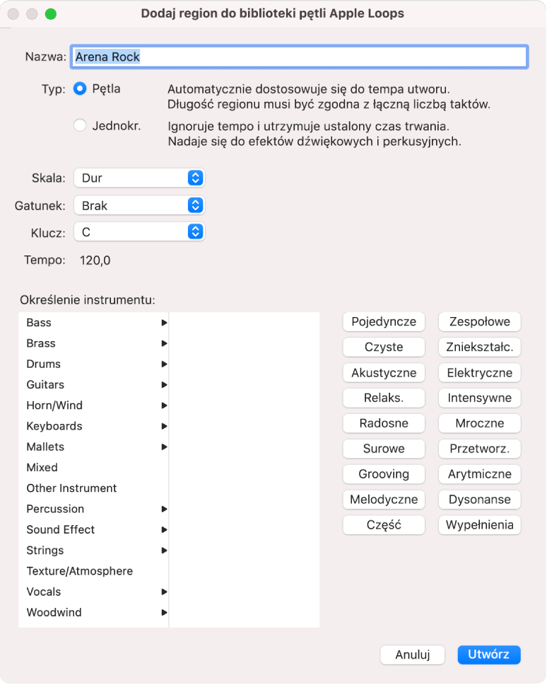 Okno dialogowe Dodaj region do biblioteki pętli Apple Loops.