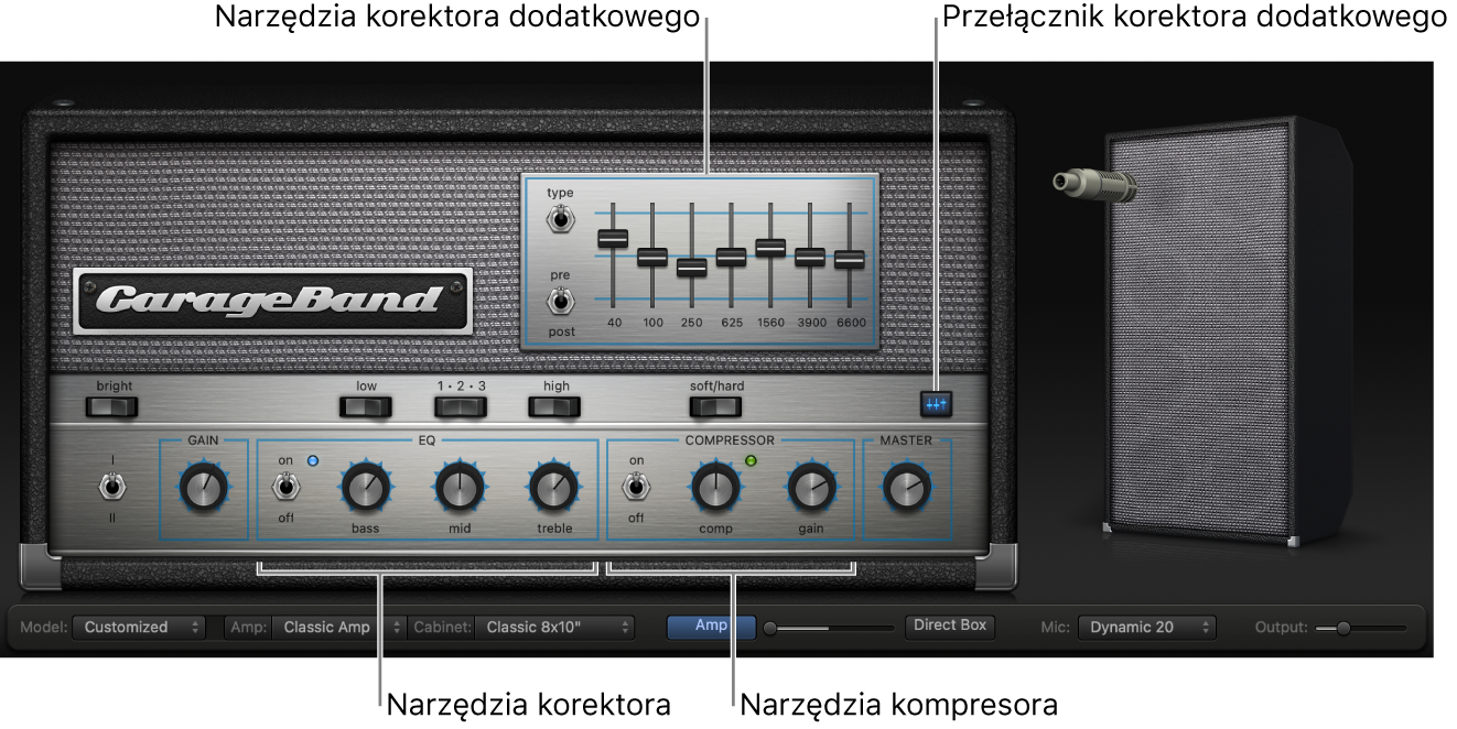 Bass Amp Designer z narzędziami korektora dźwięku i kompresora.