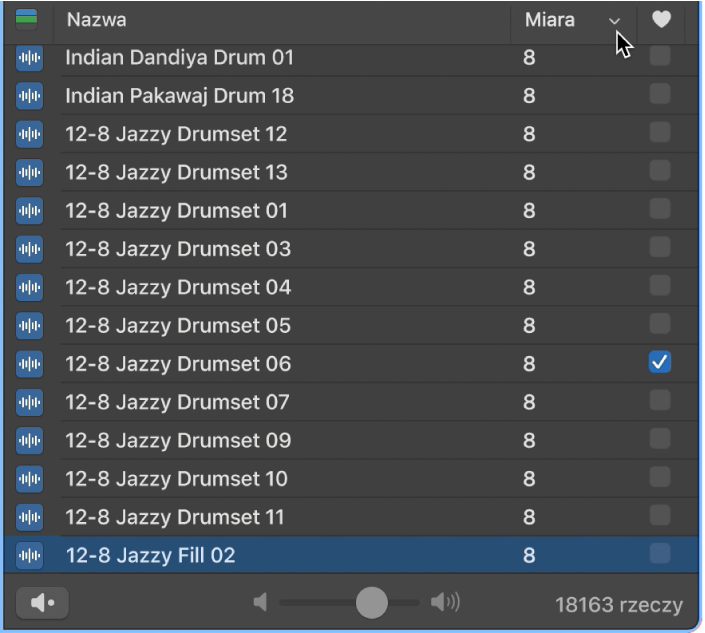 Wyróżniony nagłówek kolumny Miary w przeglądarce pętli.