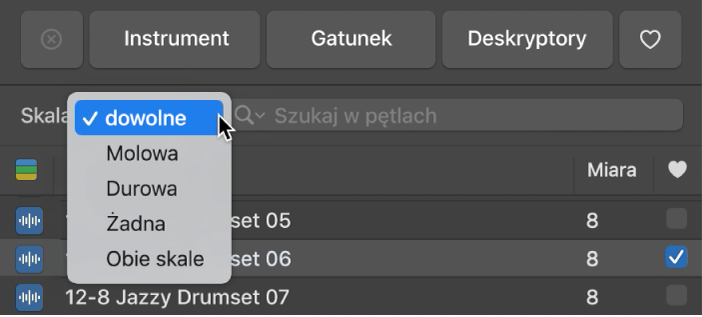 Rozwinięte menu Skala w przeglądarce pętli.