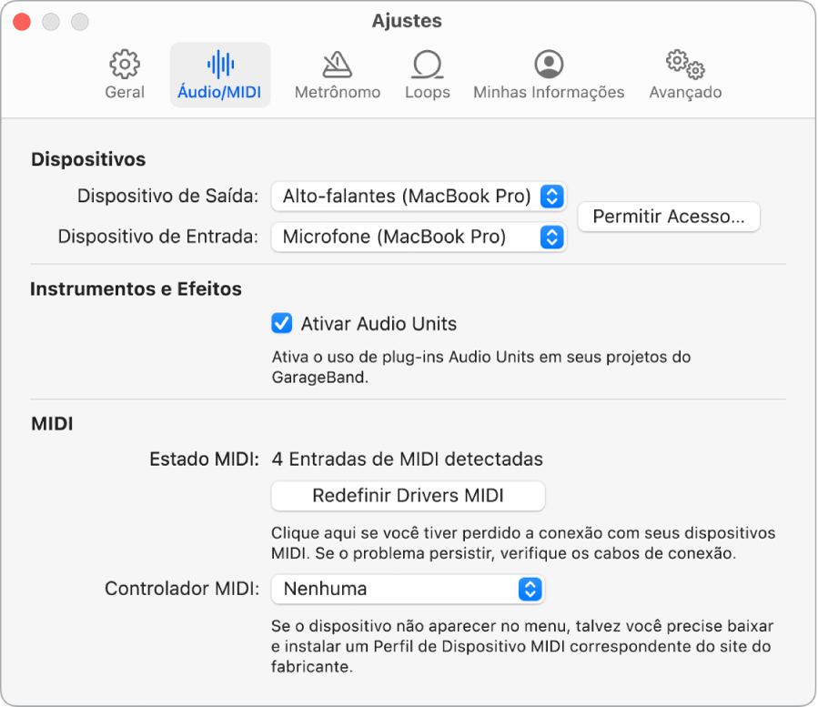 O painel Ajustes de Áudio/MIDI.