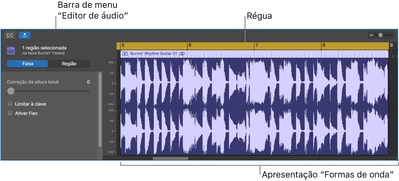 Editor de áudio com região selecionada.
