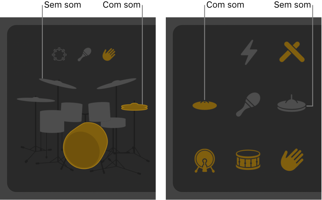 Editor do Drummer a ilustrar as baterias com e sem som.