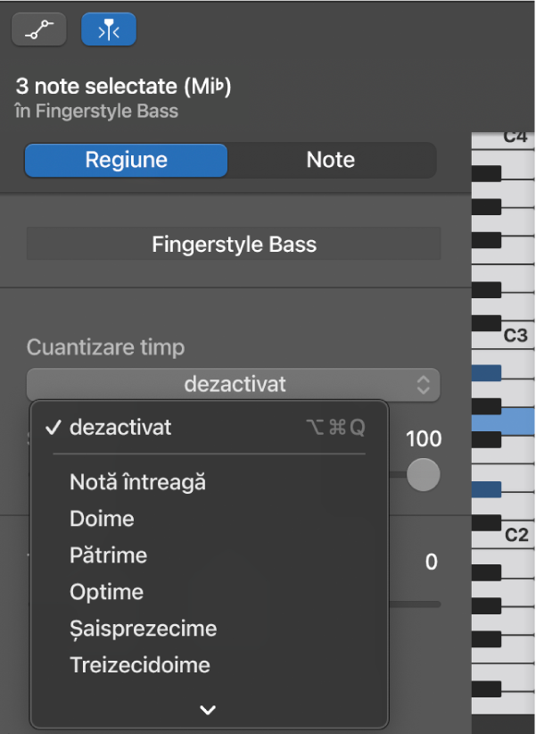 Alegerea unei valori din meniul pop-up Cuantizare timp din inspectorul Editor Rolă pian.