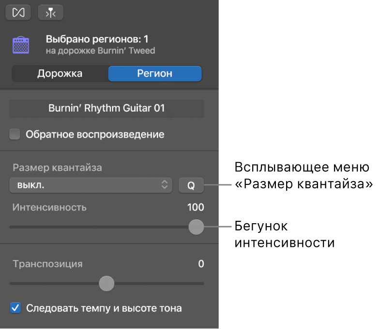 Инспектор редактора аудио со всплывающим меню «Размер квантайза» и бегунком «Сила».