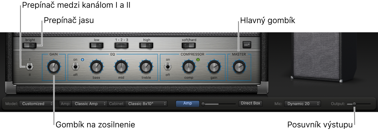 Ovládacie prvky zosilňovačov pluginu Dizajnér basového zosilňovača vrátane prvkov Bright switch, Gain knob, Channel I/II switch.