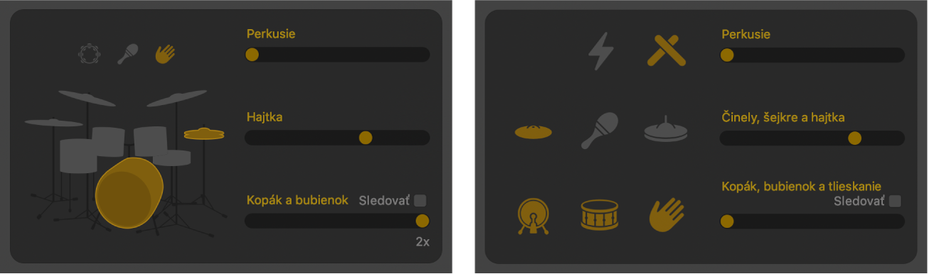 Editor Drummera zobrazujúci ovládacie prvky obmeny vzoru.