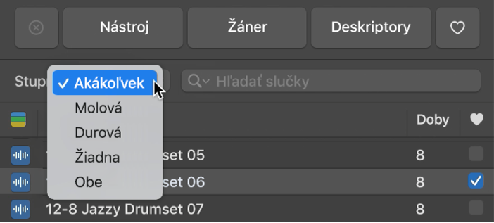 Znázornenie otvoreného vyskakovacieho menu Stupnica v Prehliadači slučiek.
