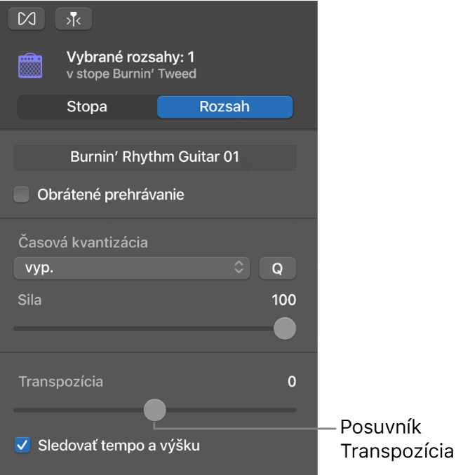 Inšpektor Editora audia v režime Rozsah znázorňujúci posuvník Transpozícia.