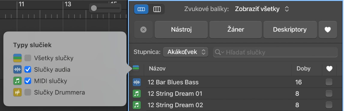 Použitie tlačidla Typy slučiek na filtrovanie typov slučiek.