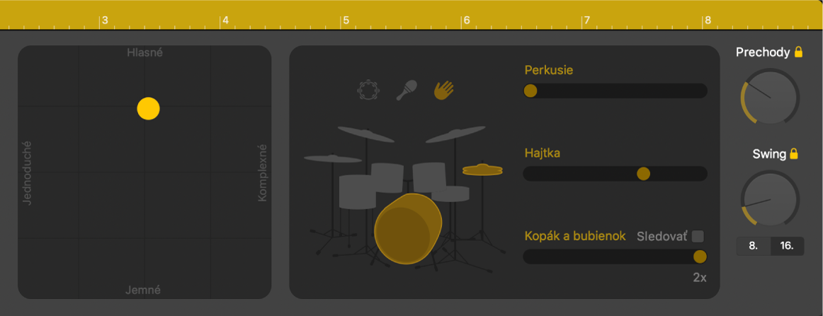 Editor Drummera znázorňujúci ovládacie prvky predvedenia.